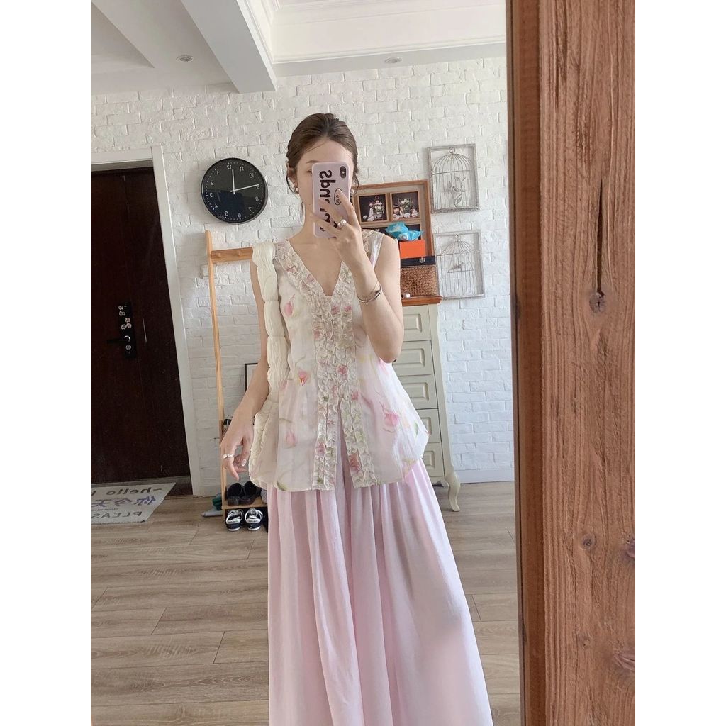 Summer Sweet New Floral Print Top Vest Cardigan Vest Design Pink Wide Leg Pants Casual Set