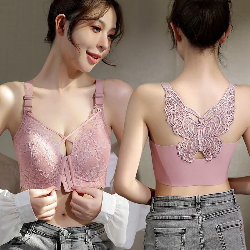 ใหม่ 34-52C/D/E ขนาดใหญ่ผีเสื้อความงามกลับ Bras แฟชั่นผู้หญิงดอกไม้ลูกไม้ด้านหน้าหัวเข็มขัด Plus ขนา