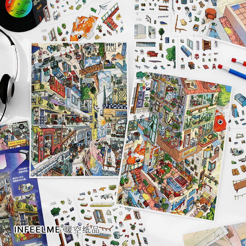 Idako [My Cabin Twentyth Bullet] 4 ชิ้นขนาดใหญ่ 2.5D ภูมิทัศน์สติกเกอร์ City Street View SS777