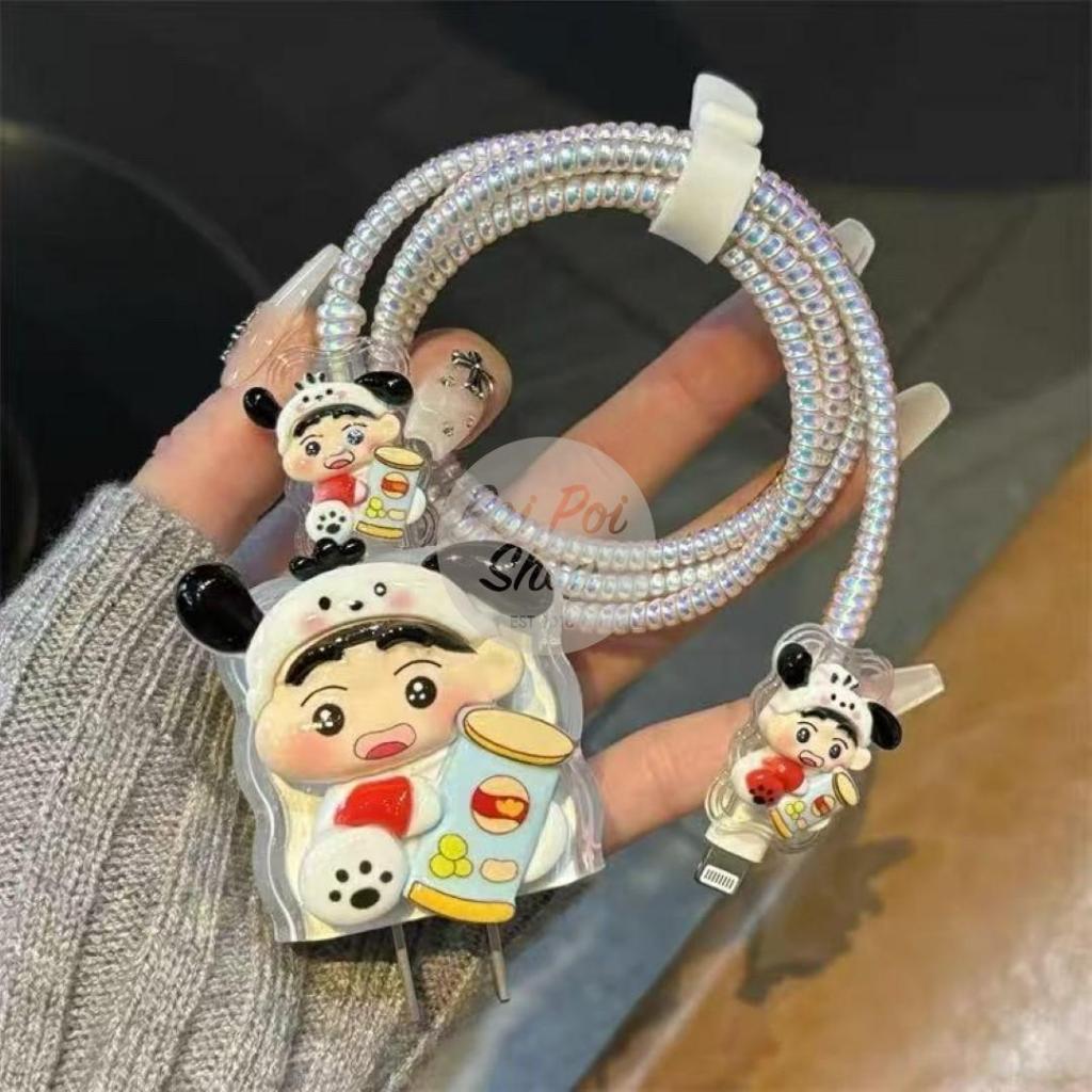 VBAR Crayon Shinchan Pochacco 18/20W Spiral Clear Charger Cable Head Protector Set Cover Cute Casing