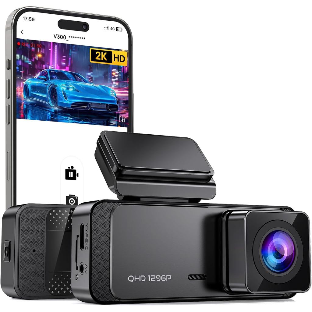 Dash Cam 1296P Front Dashcam, V300 WiFi Dash Camera สําหรับรถยนต์พร้อม App, Night Vision, Mini Hidde