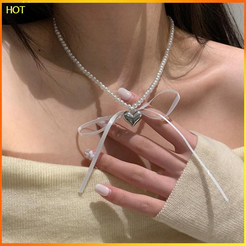 Technicolorsuper Trendริบบิ้นโบว์Chokerสร้อยคอผู้หญิงElegant Pearl Heartจี้สร้อยคอเครื่องประดับงานแต