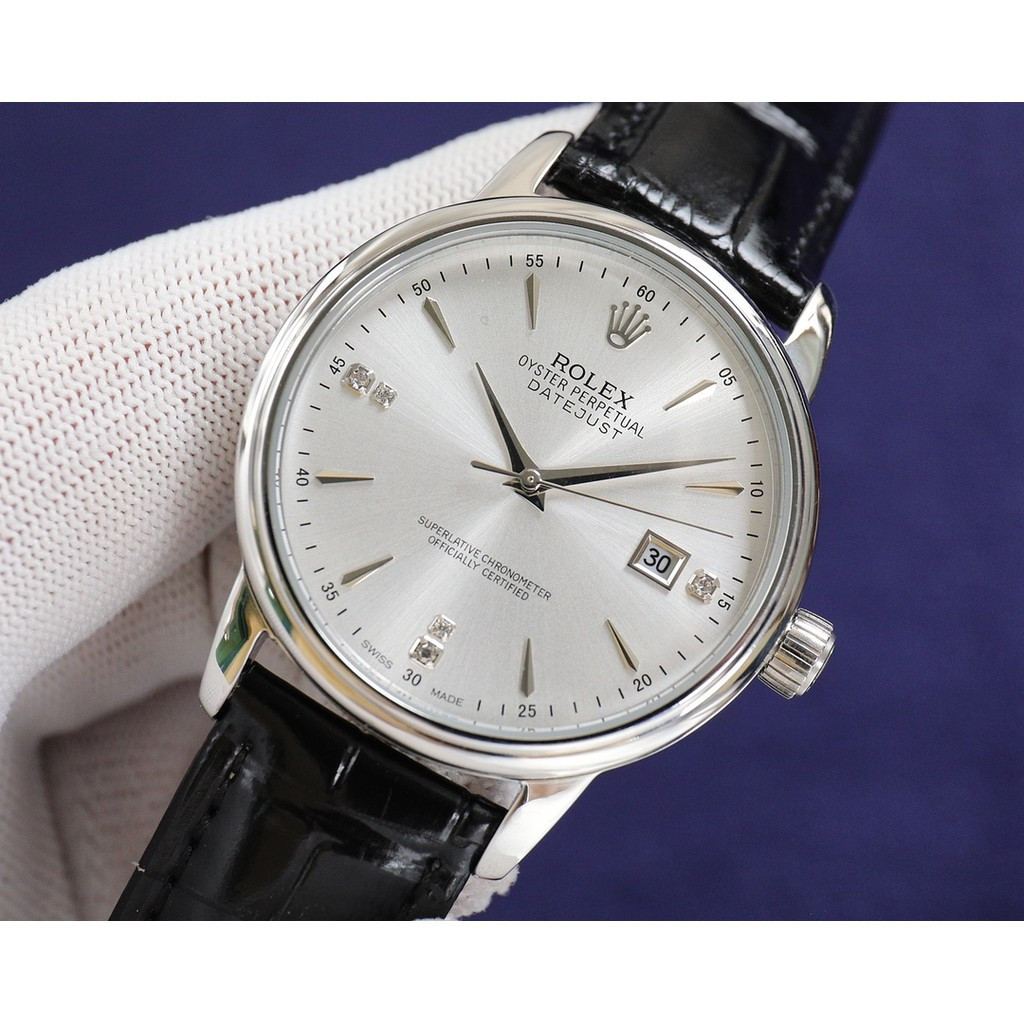 Rolex Datejust Classic Retro นาฬิกาผู้ชาย, RZ134 แฟชั่นกีฬาหน้าปัดสีเงิน, 40 มม.สบายสายหนังทนทานอัตโ