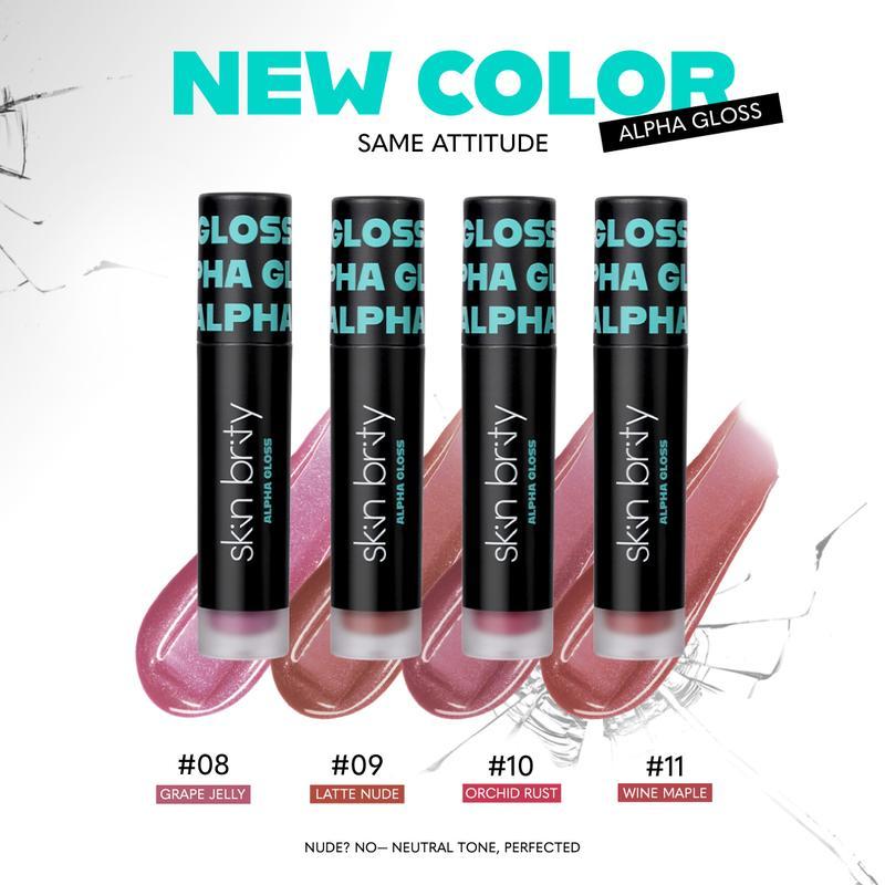 SKIN BRITY Alpha Gloss Stay Glossy Lip Gloss ที่ฉ่ำวาวสุดพลัง เม็ดสีแน่น ติดทน เนื้อสัมผัสบางเบาที่ 
