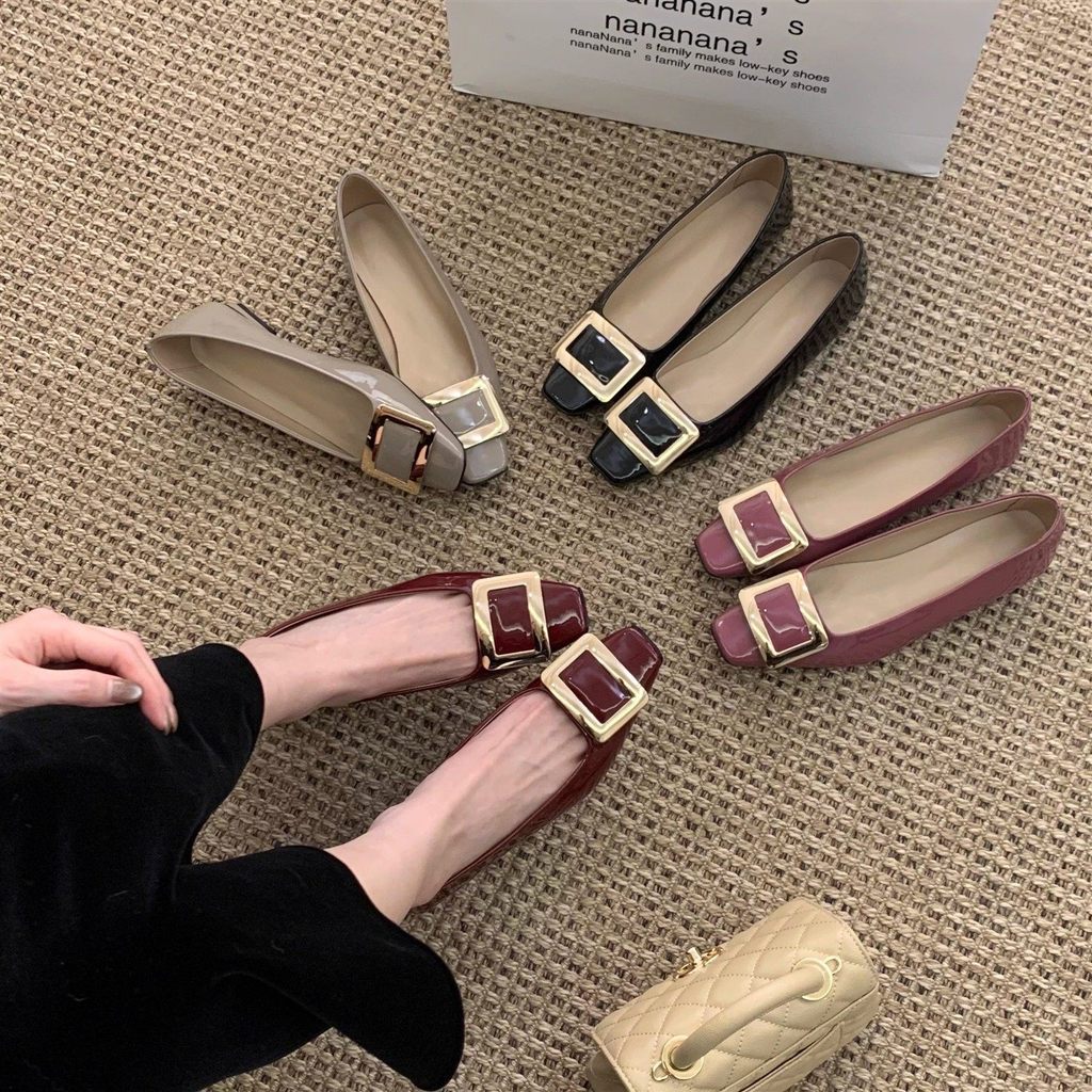 TT Sweet Temperament Square Buckle Shoes ผู้หญิงส้นหนา Square Toe All-Match รองเท้ารองเท้าทํางานส้นเ