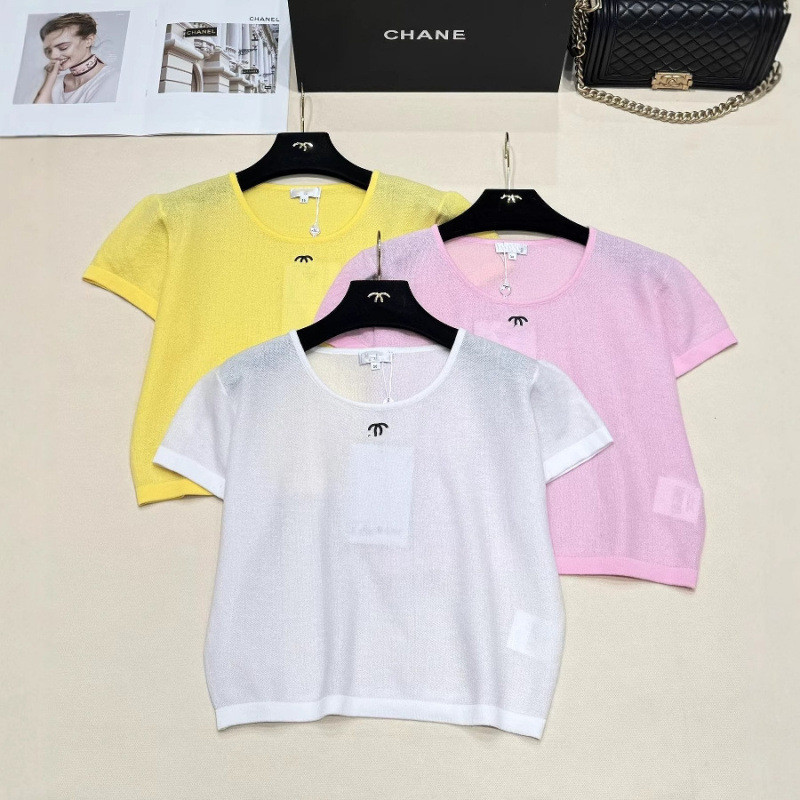 V8MI Ch****l 25Summer New Knitted Round Neck Short Sleeve Exquisite Double C Logo Delicate Knitted T