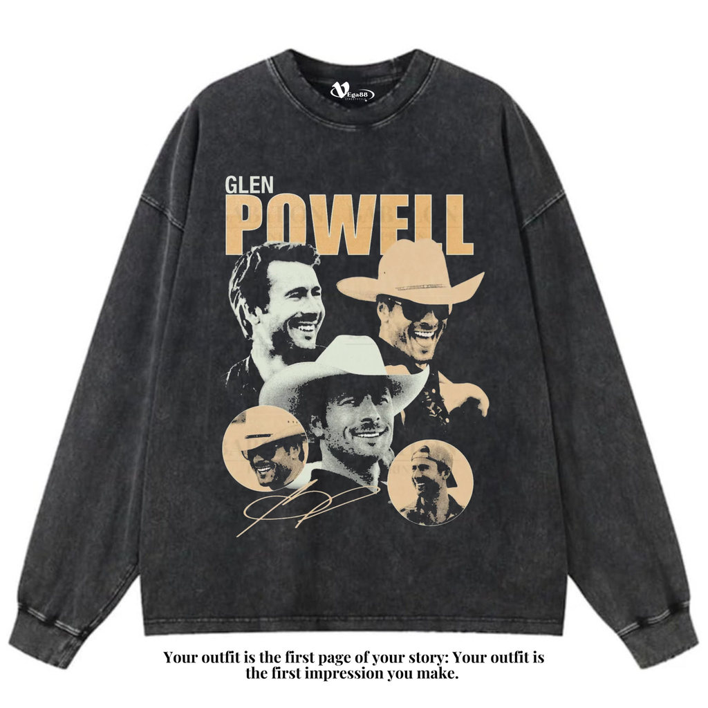 VEGA88 *glen powell* เสื้อยืดแขนยาวโอเวอร์ไซส์ | เสื้อยืดโอเวอร์ไซส์ | เสื้อยืดฟอก | ซักล้างแล้ว | เ