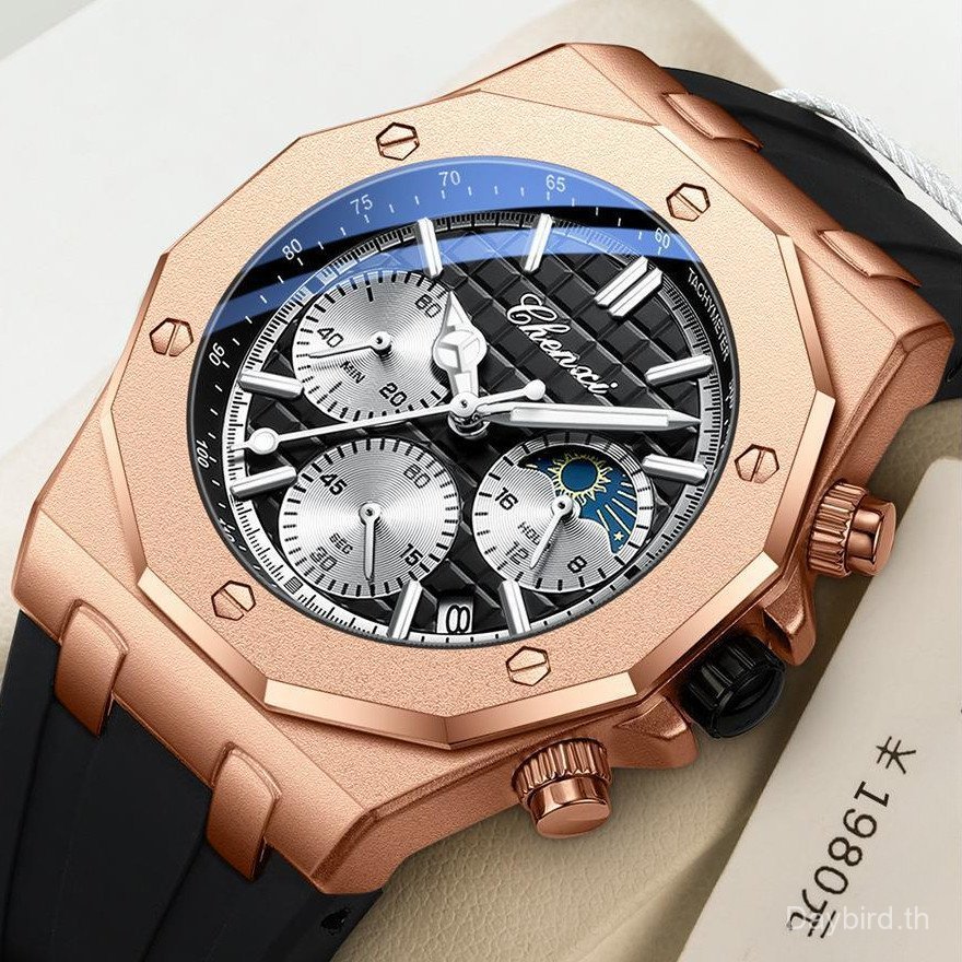 CHENXI 968 CHENXI สายซิลิโคนสามตาจริงปฏิทินกันน้ํามัลติฟังก์ชั่นนาฬิกาผู้ชาย