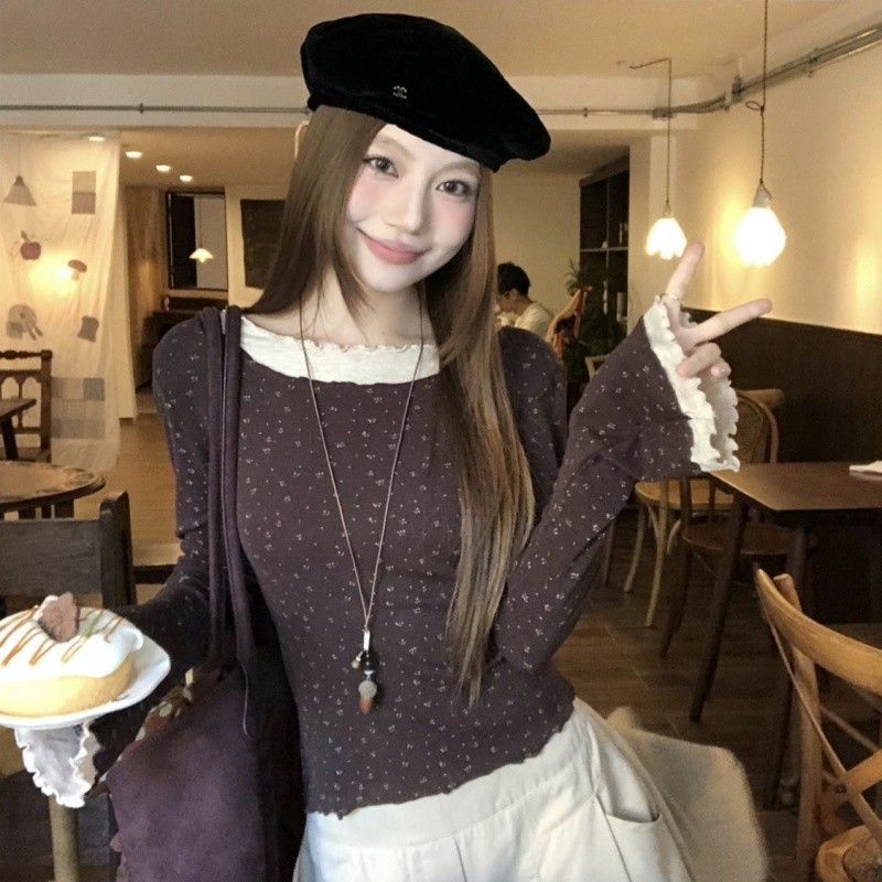 shayne-เสื้อยืดผู้หญิง แขนยาว ลายพิมพ์ สี Splicing ประเภทรุ่น Slim Fit หวาน สุภาพสตรี แฟชั่นฤดูร้อน