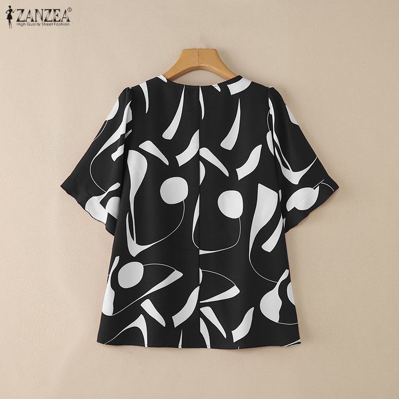 ZANZEA ผู้หญิงเกาหลี Elegant แฟชั่น Lady V คอ Ruffle แขนเรขาคณิตพิมพ์เสื้อชีฟอง — صورة 8