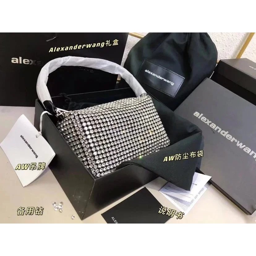 Alexander Wang กระเป๋าสะพายข้างพิมพ์โลโก้และคริสตัล สไตล์เน็ต.WHITE