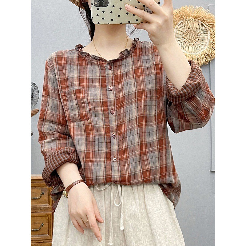 เสื้อแขนยาวผ้าฝ้ายผู้หญิง 100% ทรงหลวม ใส่สบาย สไตล์ศิลปะย้อนยุค