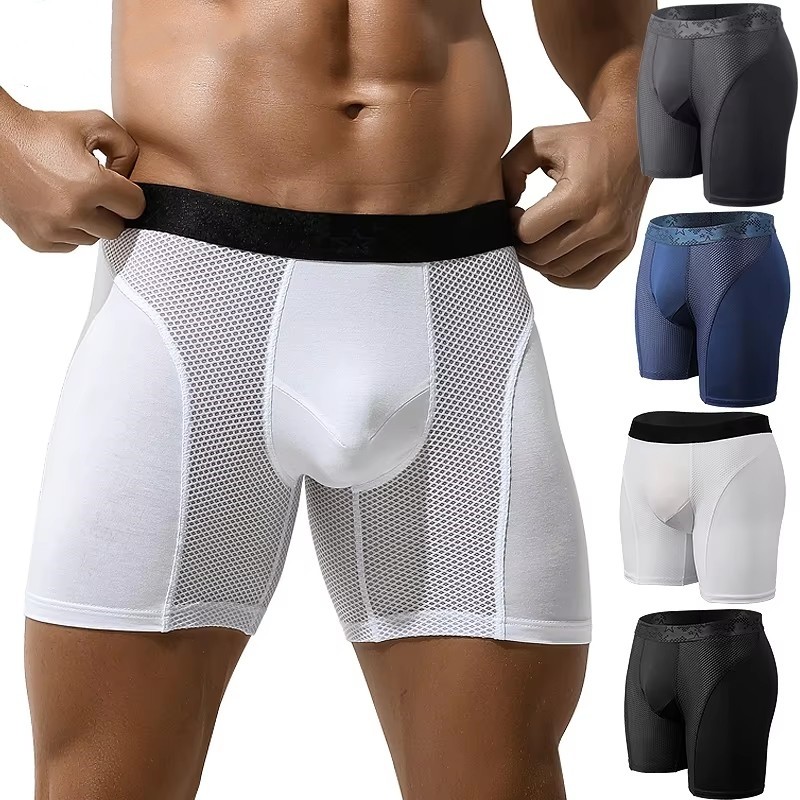 Men's Long Boxer Underwear Man Sexy U Convex Mesh Panties Extended Wear-Resistant Legs Men Boxershor