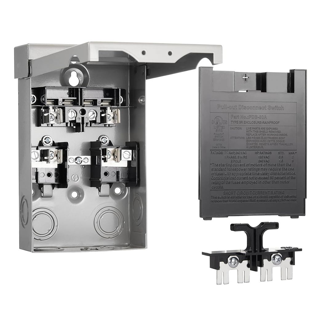 30 Amp Fused AC Disconnect Box, Pull-Out Switch NEMA 3R Outdoor Metal Box for Mini Split, เครื่องปรั