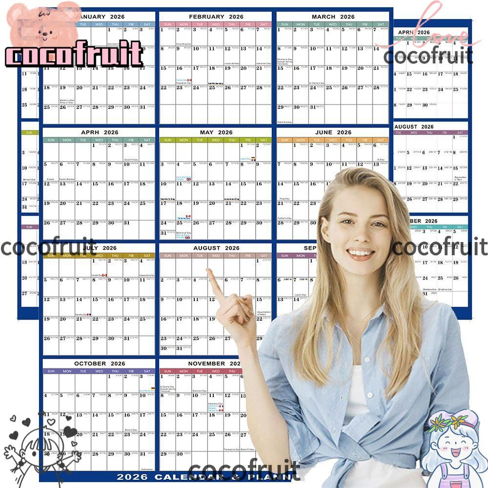 COCOFRUIT ปฏิทินติดผนังขนาดใหญ่, พับ 2026 แขวนปฏิทิน, ตารางการทํางานแบบลบได้สองด้านวางแผนสําหรับโฮมอ