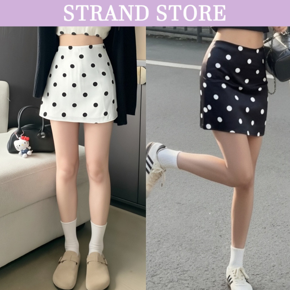 STRAND กระโปรงสั้นลายจุดเอวสูง มีซับใน กระโปรงมิดิสีขาวสีดำลายจุดกลมทรงเอคลุมสะโพกดูผอม X2043