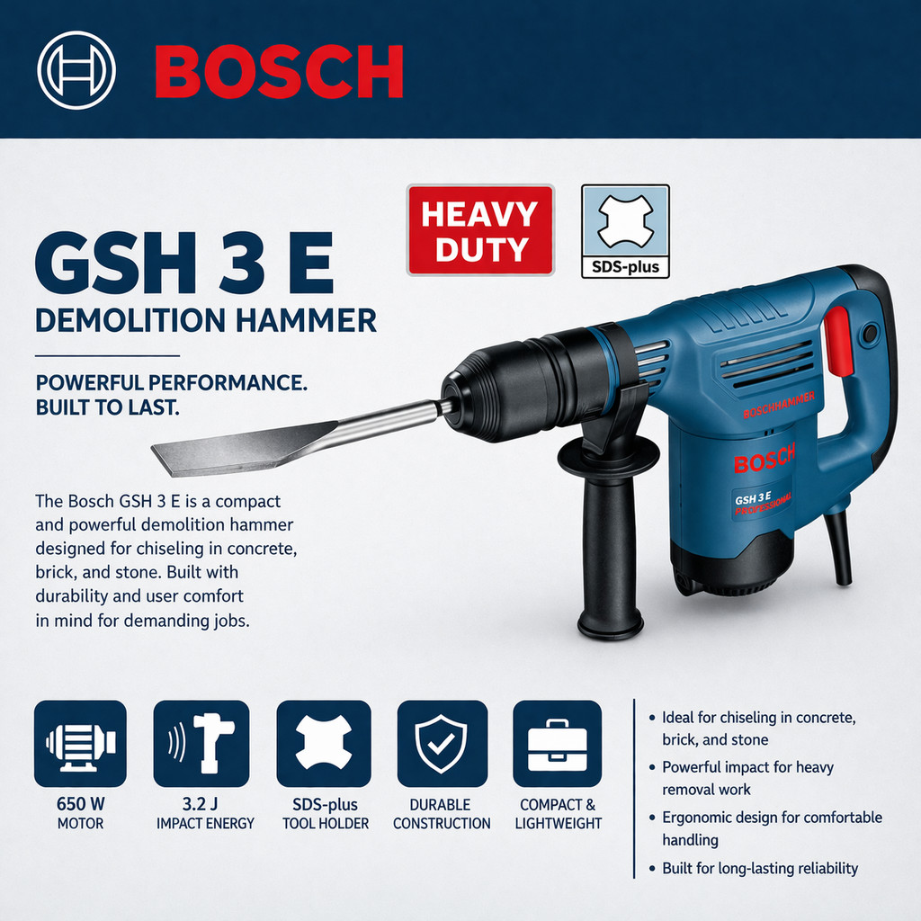 [ BOSCH ] (GSH 3 E) ค้อนรื้อถอน | 650W | 3.2J | SDS พลัส