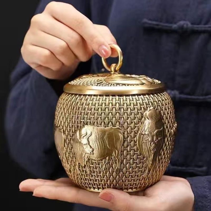 黄铜普洱茶叶罐空罐牙签筒便携小号茶罐密封罐随身盒旅行储存罐4.4Brass Pu'er Tea Canister, Empty Canister, Toothpick Holder, Portable