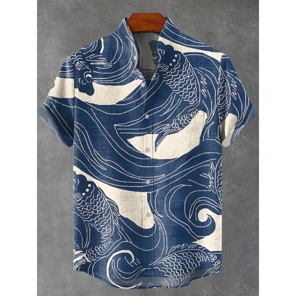 เสื้อเชิ้ตผ้าฝ้ายแขนสั้นสำหรับผู้ชาย พิมพ์สไตล์ฮาวาย เหมาะสำหรับวันหยุดฤดูร้อน