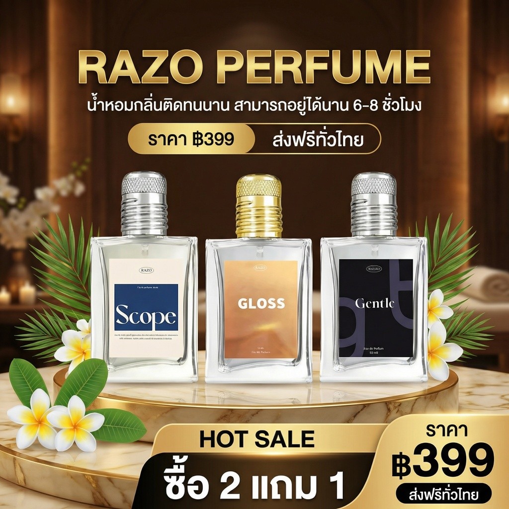 1เเถม1 น้ำหอม RAZO กลิ่น GLOSS ขนาด 30 ml. สามตัวเลือก กลิ่นหอมสดชื่นและเปล่งประกาย สามตัวเลือกสี ขาว ทอง