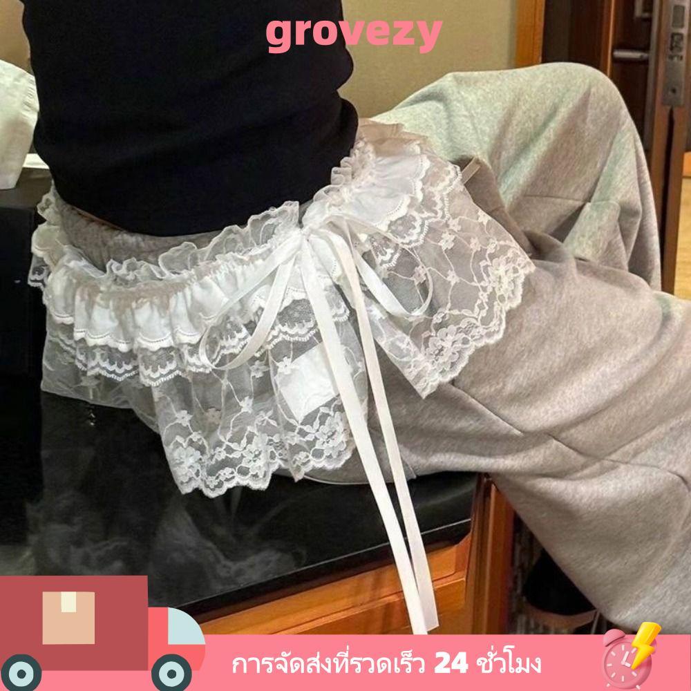 Grovezy กระโปรงมินิลูกไม้ Y2K Streetwear ดีไซน์ระบายและเชือกรัด ปักดอกไม้ สไตล์ฮาราจูกุ