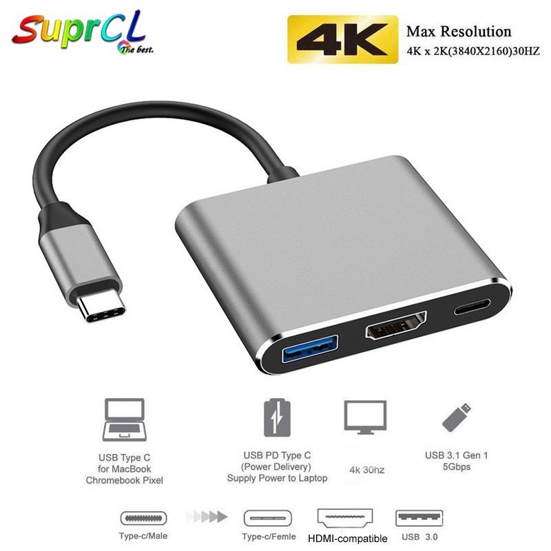 USB C to HDMI Adapter, Type c OTG 3 in 1 Hub, 4k HDMI & PD Fast Charging USB C To HDMI USB Hub Type 