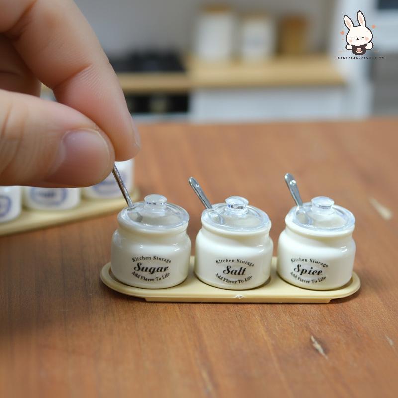 [Teh] 6 Scale Dollhouse Spice Container Set Miniature Kitchen Seasoning Jars พร้อมช้อนและชั้นสําหรับ