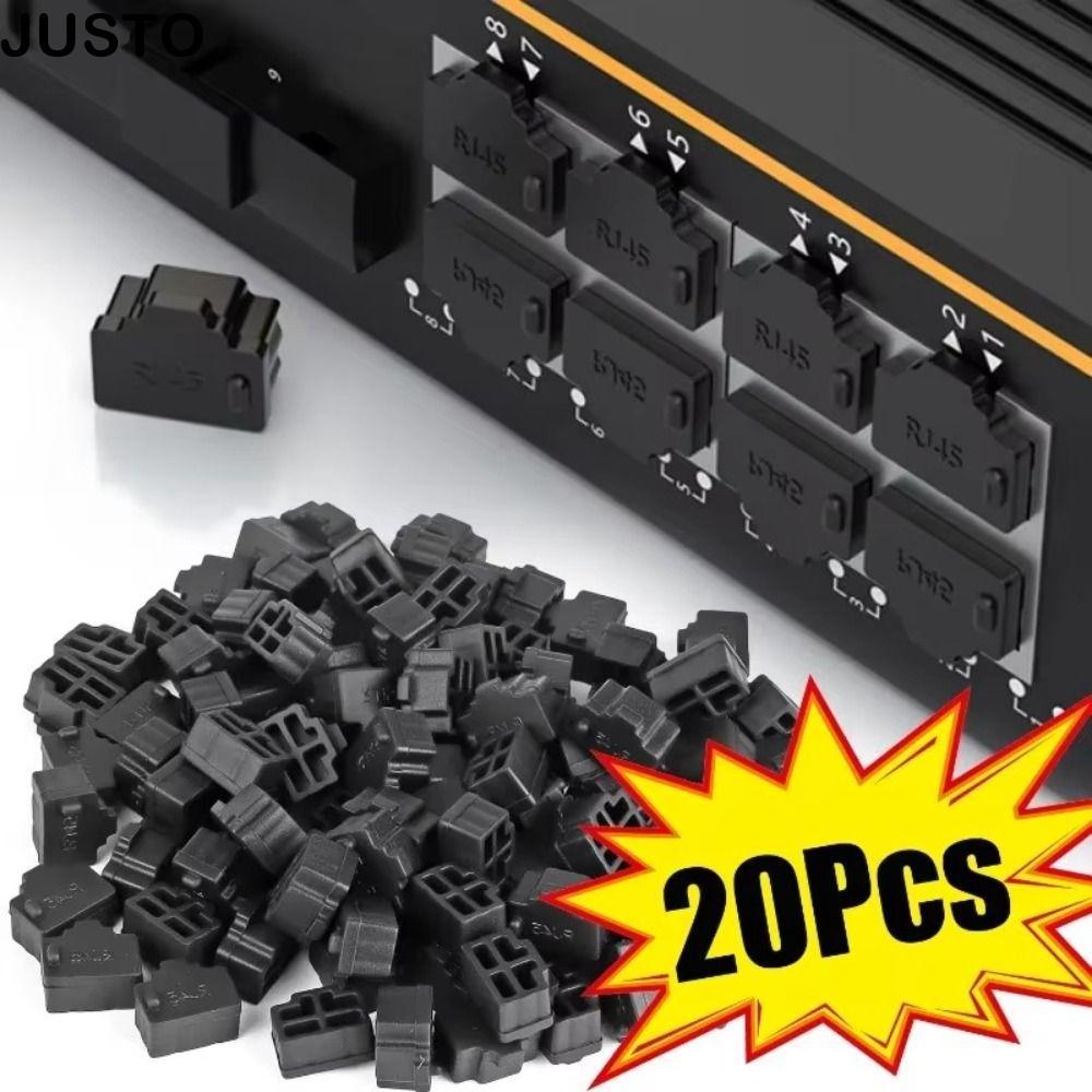 JUSTO RJ45 ปลั๊กกันฝุ่น, หมวกกันฝุ่นซิลิโคน RJ45 ทนทาน, ปลั๊กป้องกันพอร์ตโปร่งใสสีดํา
