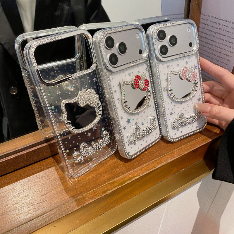 Kawaii Hello Kitty Mirror Rhinestone CaseสําหรับiPhone 17 16 15 14 13 12 11 Pro Max Plus Airปลอกกันกระแทกฝาครอบป้องกัน