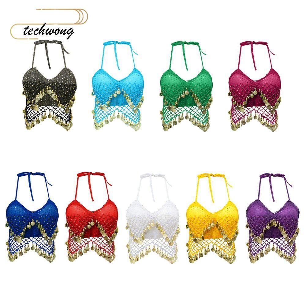 TECHWONG Belly Dance Bra, Shiny Halter Neck Latin Dance Top, Charming Tassel Dance Wear Sleeve Stage