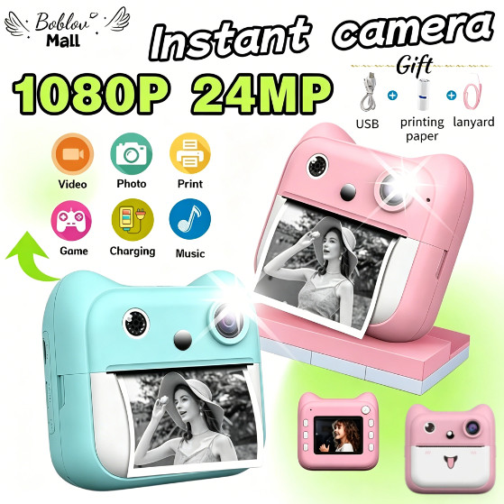 กล้องพิมพ์ทันทีสําหรับเด็ก 1080พี ความละเอียดสูง – วิดีโอ 24MP เครื่องพิมพ์ความร้อนเซลฟี่หน้าจอ 2.4 ", ของเล่นกลางแจ้งสําหรับเด็กของขวัญวัน
