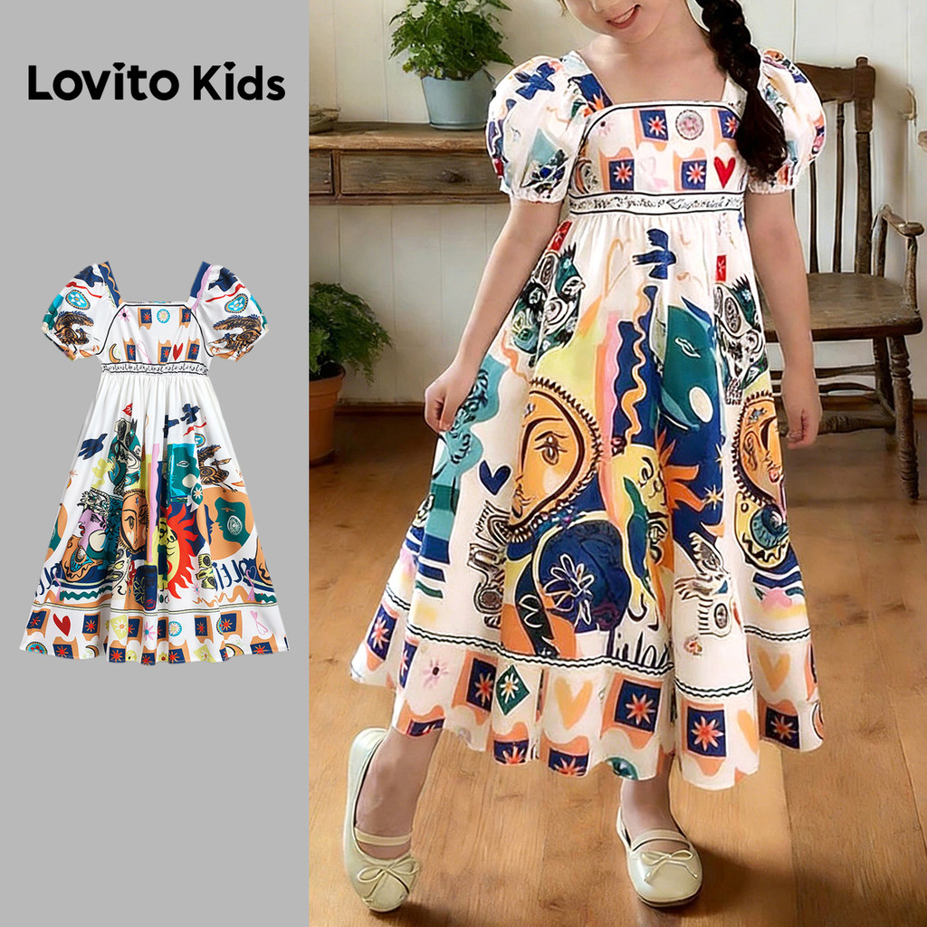 Lovito Kids โบโฮ เดรส ลายโครงสร้าง เดรสฤดูใบไม้ผลิ/ฤดูร้อนสําหรับเด็กผู้หญิง L186LD194