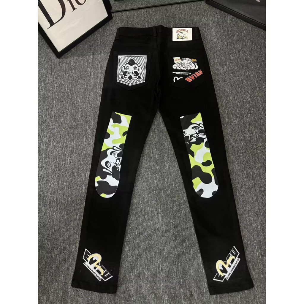 EVISU8024 Graffiti Print Jeans Men Slim-fit Straight Wide Leg