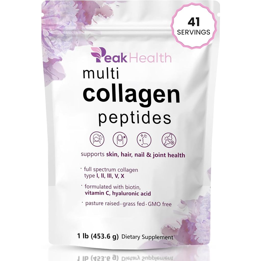 Multi Collagen Peptides Powder, ผงคอลลาเจน 1 ปอนด์- Type I,II,III,V,X with Biotin 10000mcg, ผงกรดไฮย