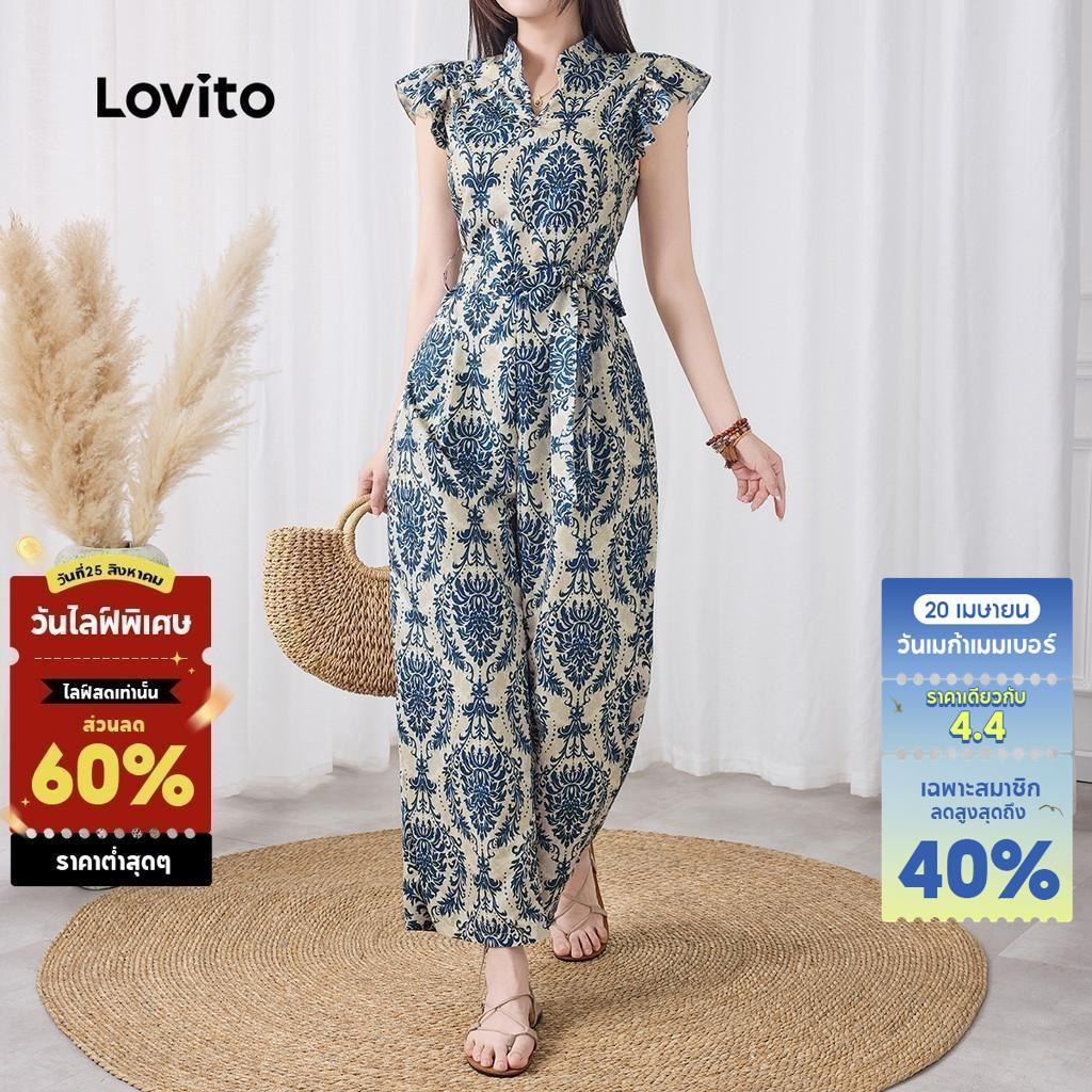 Lovito โบฮีเมียนลายชนเผ่าผูกเชือกซิปจั๊มสูทสําหรับผู้หญิง L133ED204