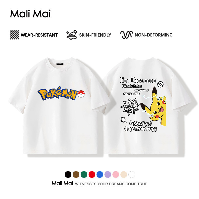คอกลม เสื้อยืดเด็กผู้หญิง ผ้านุ่มใส่สบาย Pokemon Pikachu ลายพิมพ์การ์ตูนน่ารัก อายุ 3-15 ปี พร้อมส่งจากกทม