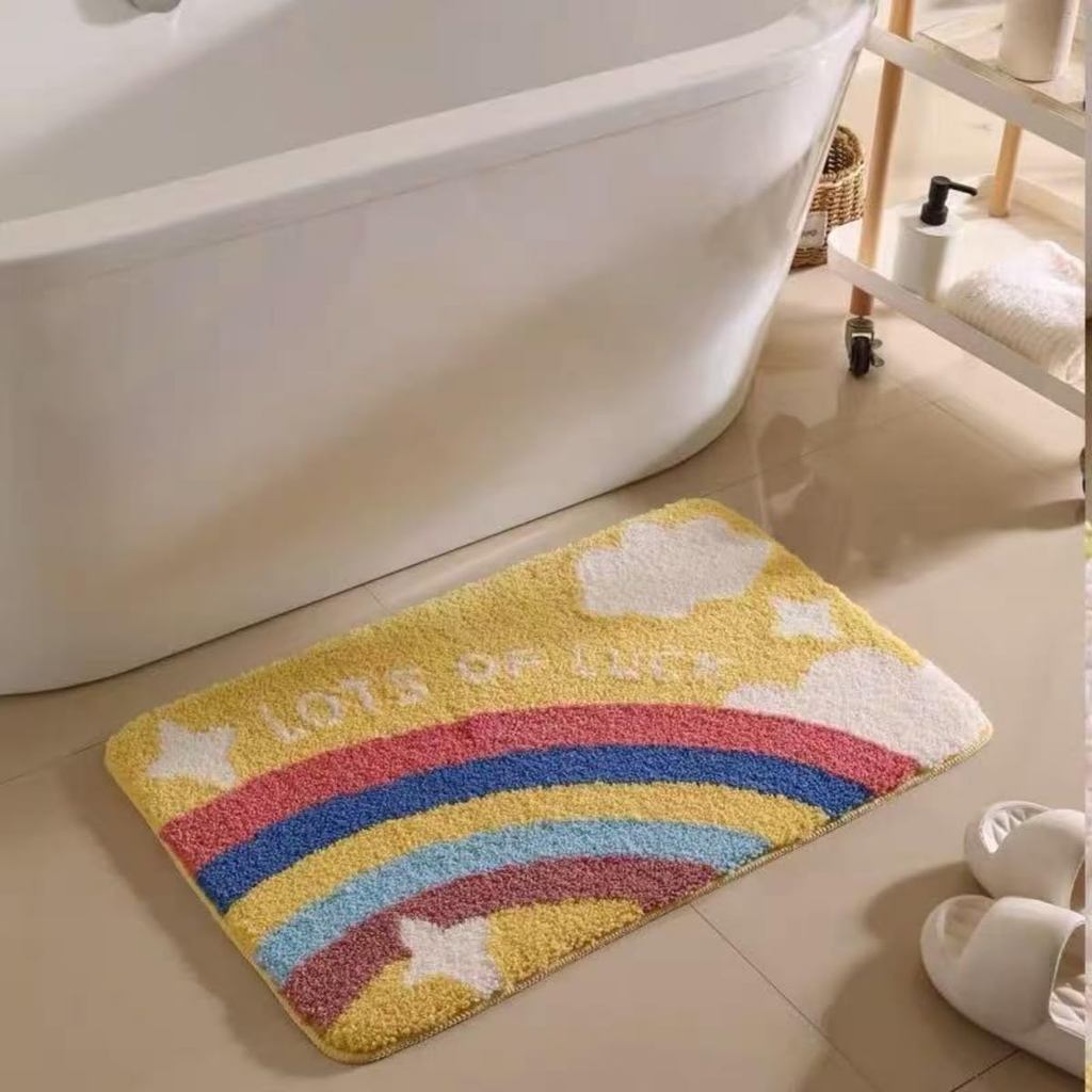 Ankah Rainbow Bath Rug Striped Half-Moon Shaped Colourful Boho Flocking Bathroom Mat, Soft Fiber, Hi