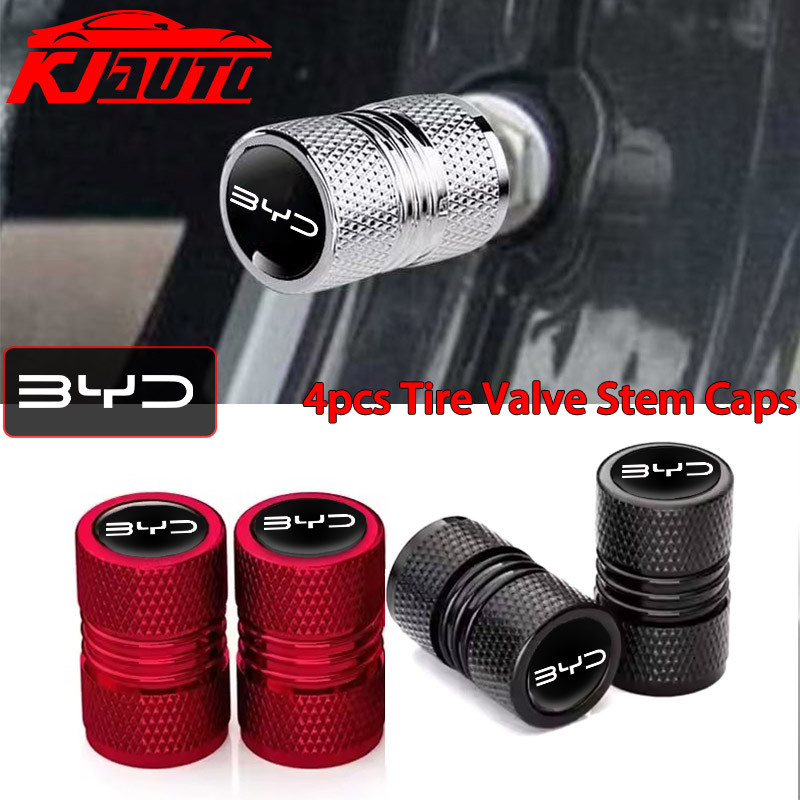 4pcs BYD รถวาล์ว Caps Stem Case ครอบคลุมอลูมิเนียมล้อวาล์วฝุ่นหมวก Tyre Rim Stem สําหรับ BYD Atto 3 Dolphin E6 Tang ซีล M6 E5 เพลง G5 อุปกรณ์เสริม