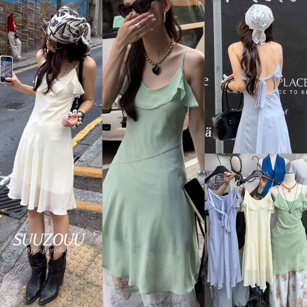❤ 🧵 🇰🇷 SU210 เดรสสั้นสายเดี่ยว ผ้าพริ้วสวย แต่งผ้าช่วงอก ด้านหลังมีเชือกมัดโบว์ สายปรับได้ แฟชั่นเกาหลี TAG MM Fish 🧡