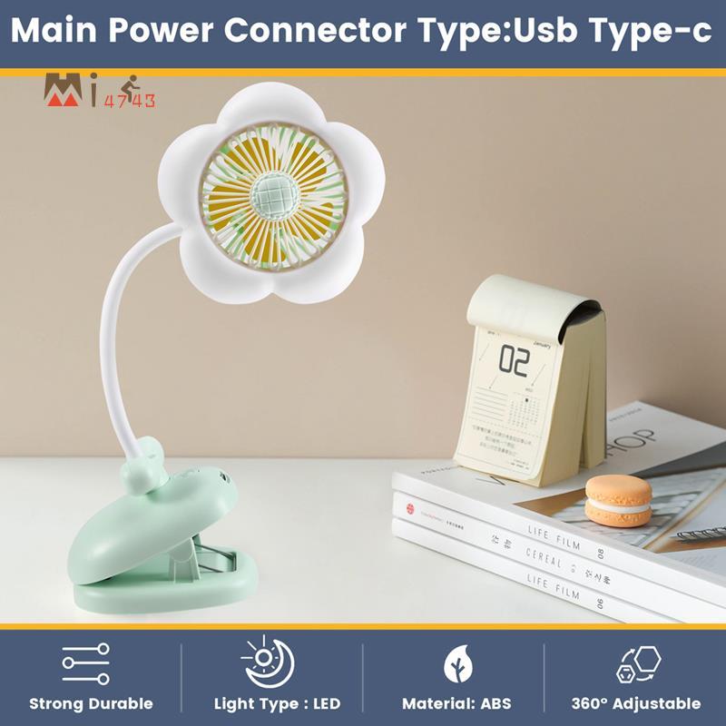 Mi4743Portable Clip on Fan with LED Light 3 Speed Quiet Mini Table Fan Cute Design Flower Clip on Fa