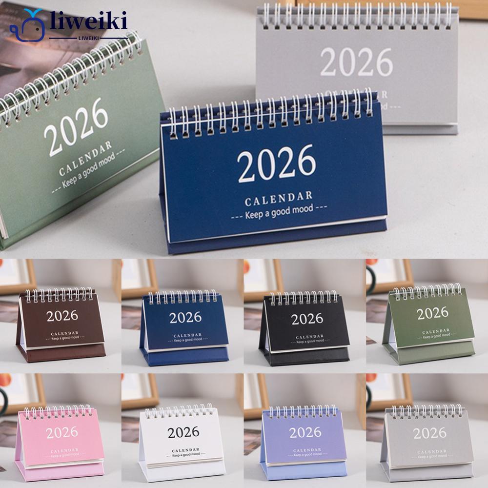 LIWEIKI 2026 ปีใหม่สไตล์เรียบง่ายภาษาอังกฤษมินิปฏิทินตั้งโต๊ะ Notepad ปฏิทินที่มีสีสันตกแต่ง O1S2