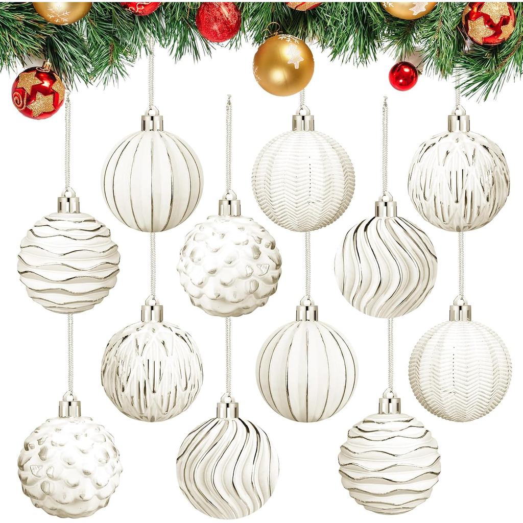 Shappy 12 ชิ้น Vintage Christmas Ball เครื่องประดับ Neutral White Tree เครื่องประดับ Textured 2.36 น