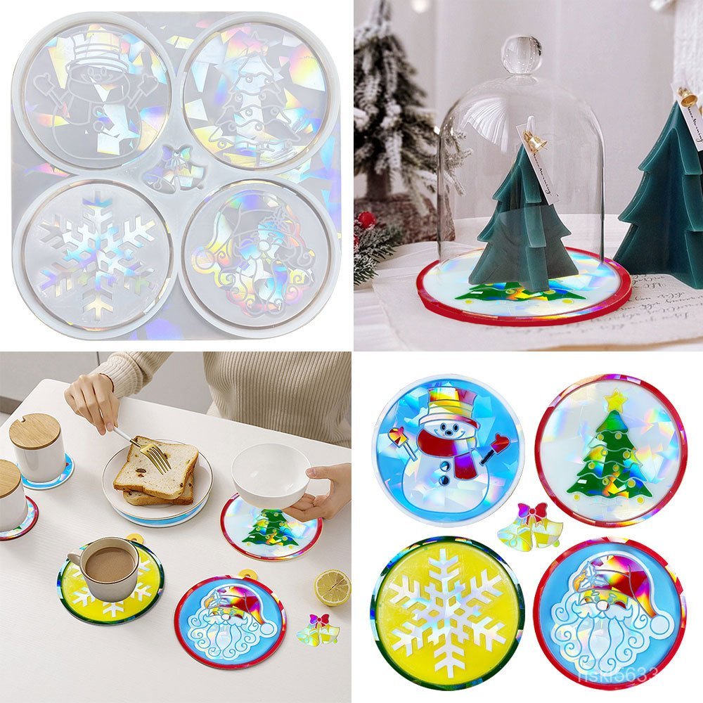 แม่พิมพ์ซิลิโคนคริสต์มาส Snowman การ์ตูน Santa Holographic โปร่งใสฉนวนกันความร้อน Coaster Holographi