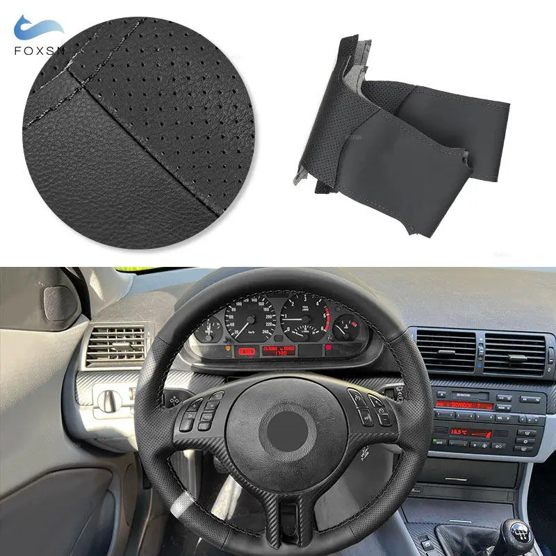 Car Accessories Braid Steering Wheel Black Leather Cover Hand Sewing For BMW E46 E39 X5 E53 Z3 E36 2