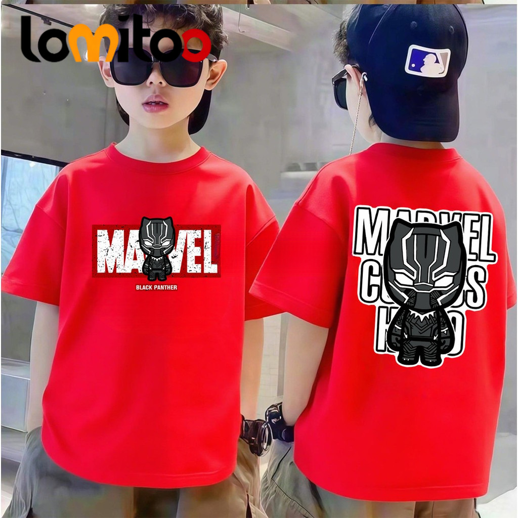 LOMITOO เสื้อเชิ้ตเด็กชาย Black Panther Kids Marvel เสื้อยืดแขนสั้นพิมพ์ลายการ์ตูน