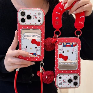 คิตตี้แมวหน้าต่างใส่การ์ดเหมาะสําหรับ ไอโฟน 17โปรแม็กซ์ ผิวเชือกแขวนเคสโทรศัพท์แอปเปิ้ล16/15/14/13