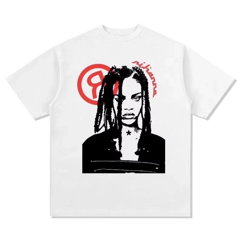 Rihanna RIHANNA วินเทจ RAP ฮิปฮอปแร็พผู้ชายผู้หญิงผ้าฝ้ายระบายอากาศพิมพ์แขนสั้นเสื้อยืดผู้ชายด้านบน 