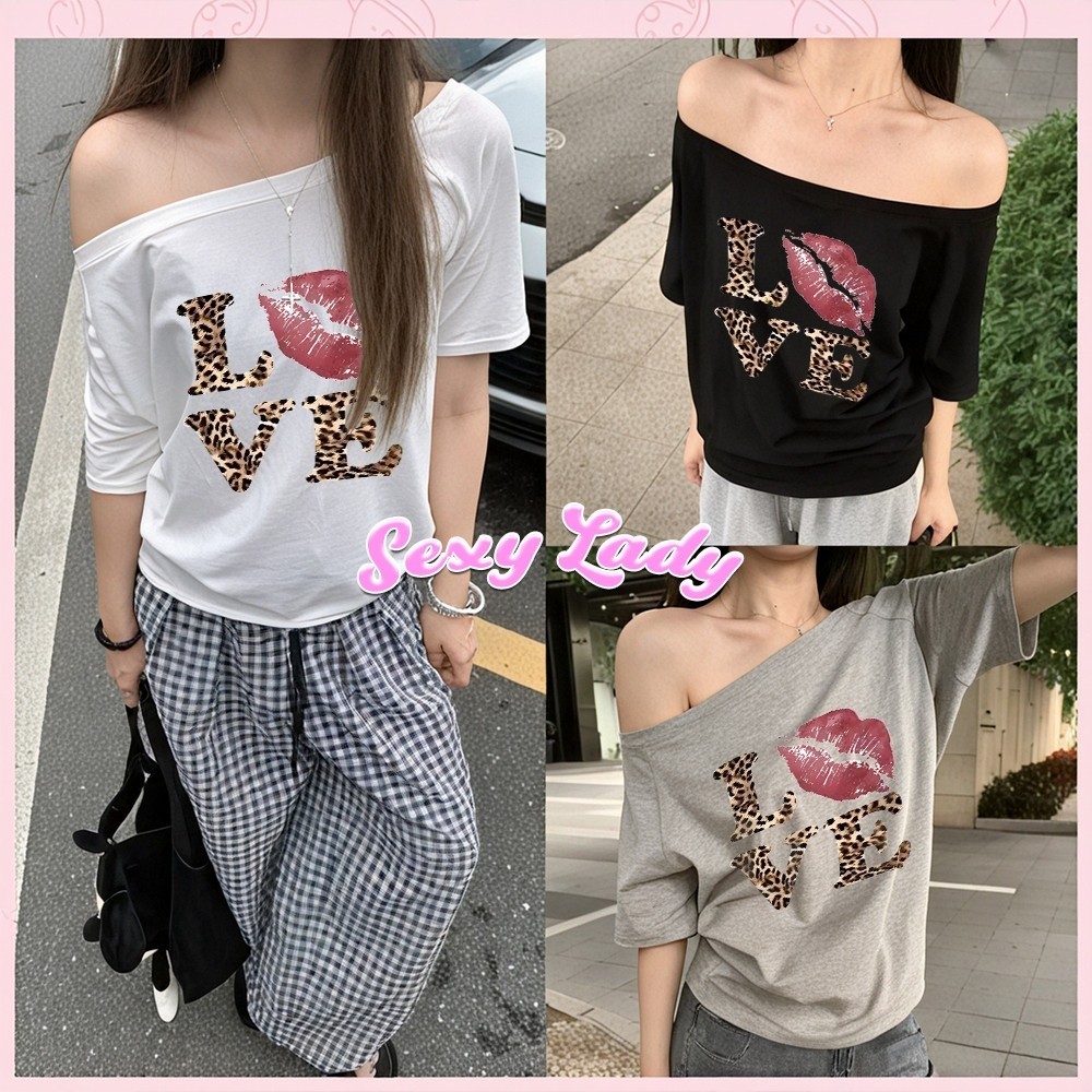 YUME🌸 เสื้อปาดไหล่  เสือใส่สบาย Oversize  สื้อโชว์ไหล่ เหมาะสำหรับฤดูร้อน มี 4ไซส์ “LOVE KISS TIGER” เสื้อสาวอวบ