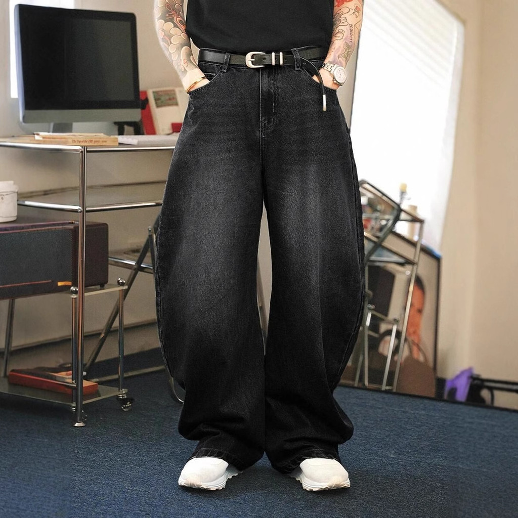 American High Street Retro Street Trend สีดําหลวมขากว้างตรงกางเกงยีนส์ลําลองผู้ชายผู้หญิง