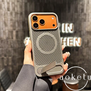 รังผึ้งกระจายความร้อนแม่เหล็กดูดเหมาะสําหรับ แอปเปิล 17โปรแม็กซ์ เคสโทรศัพท์โลหะพับยืน ไอโฟน 16 ฝาครอบป้องกัน 15/14/13/12/11 รวมทุกอย่างฝาครอบป้องกันการตก